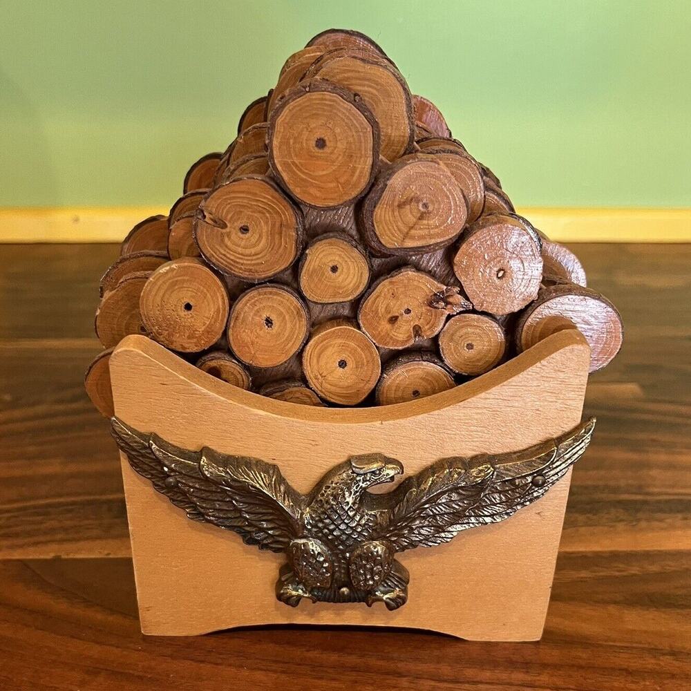 Vintage Rustic Wood-Slice Coaster Set (6) With Wood Stand American Eagle